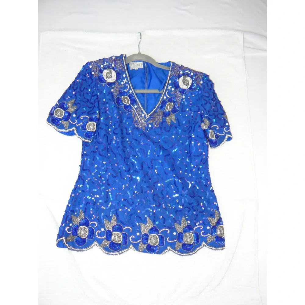 Stenay Vintage Royal Blue Silk Sequin Beaded 2-Piece Skirt Set Size 10 3978